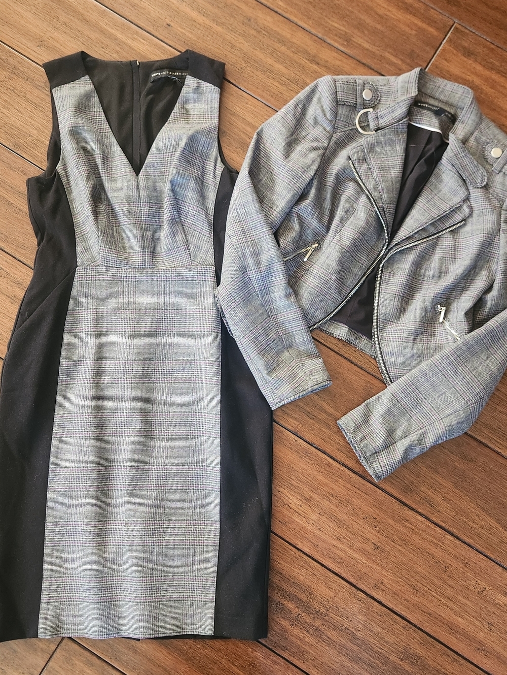 Plaid Ponte Sheath Dress with Black Side Panels With Matching Cropped Jacket